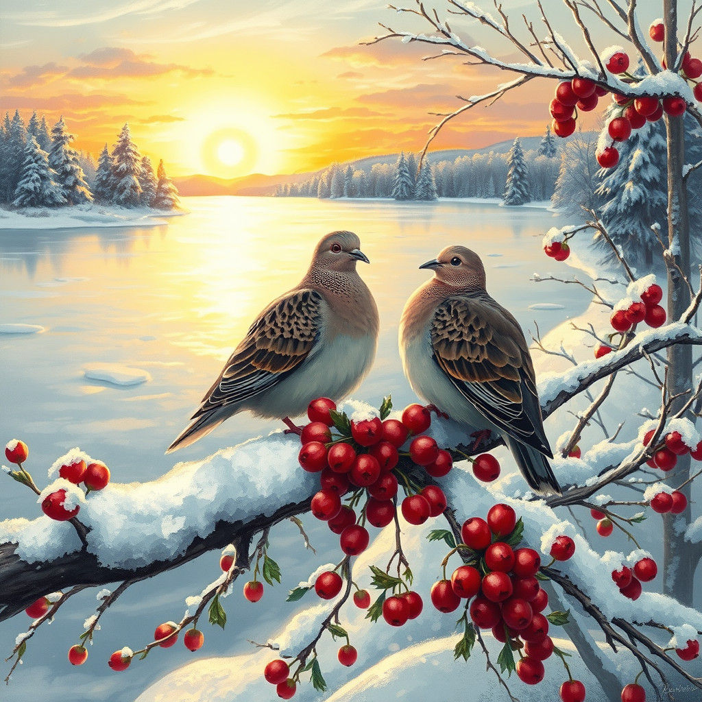 Turtle Doves in Winter Wonderland, Impressionist Style