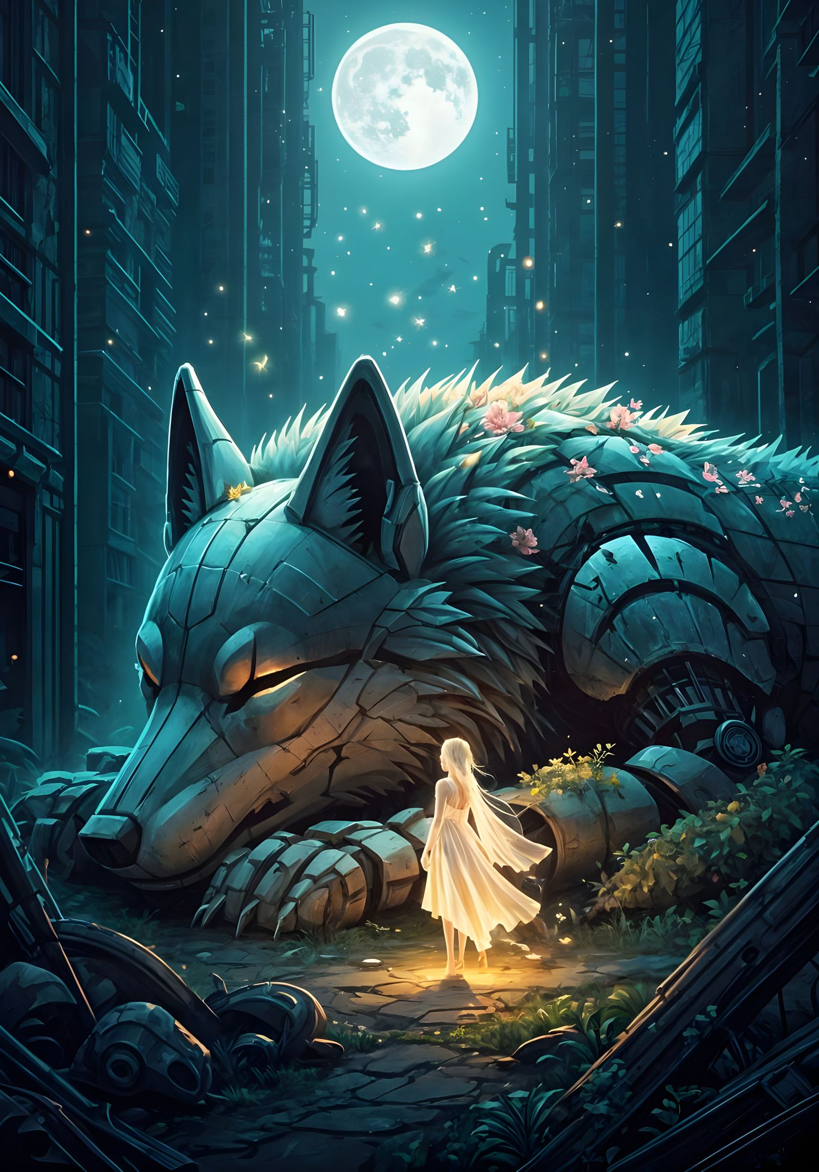 Dreamlike Wolf Amidst Ruins, Glowing Girl and Starlight Lant...
