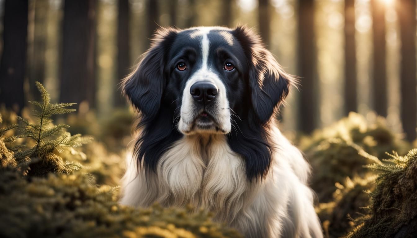 Landseer Dog in Sunny Forest: Hyperrealistic Photo