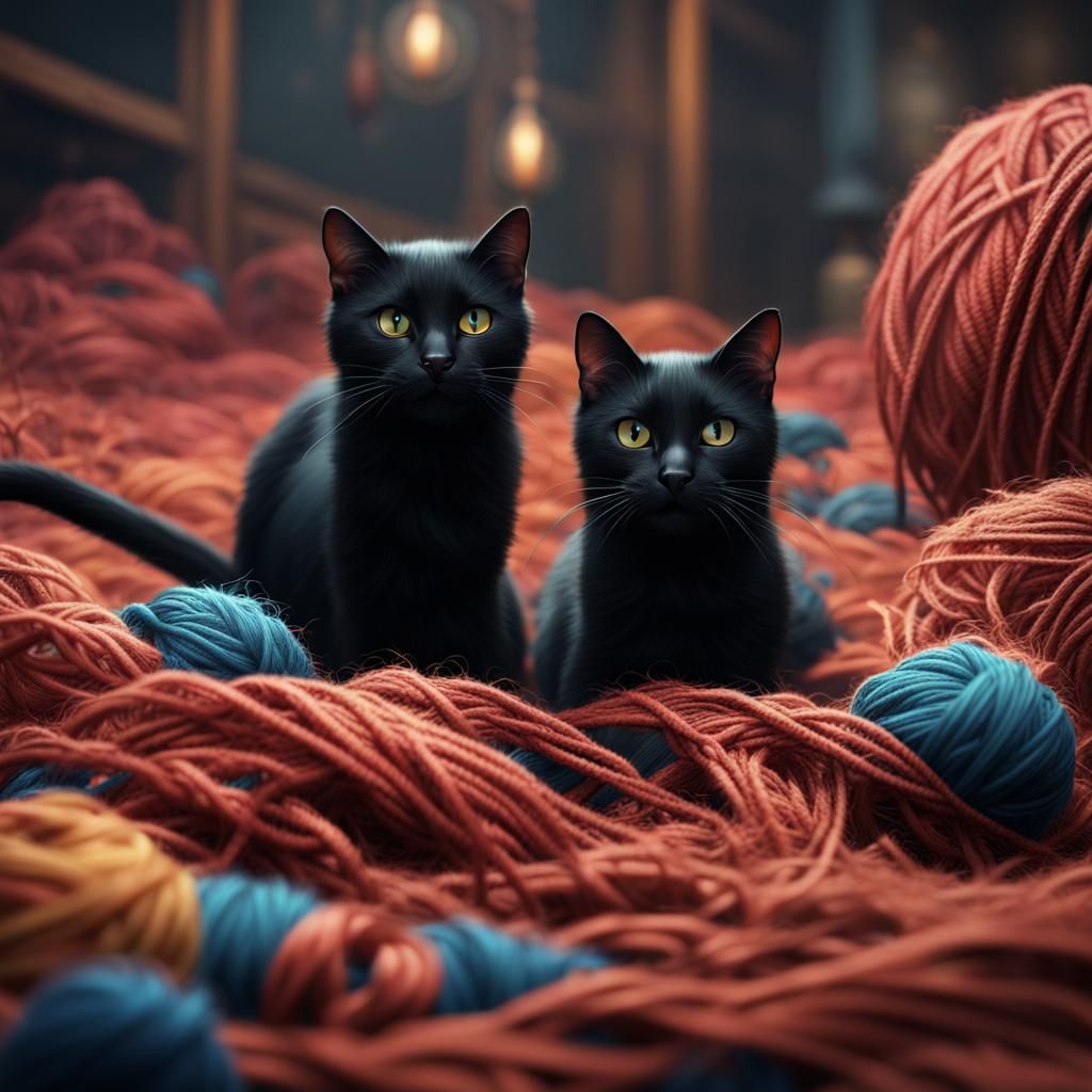 Black Cats Play in Yarn: Fantasy Concept Art