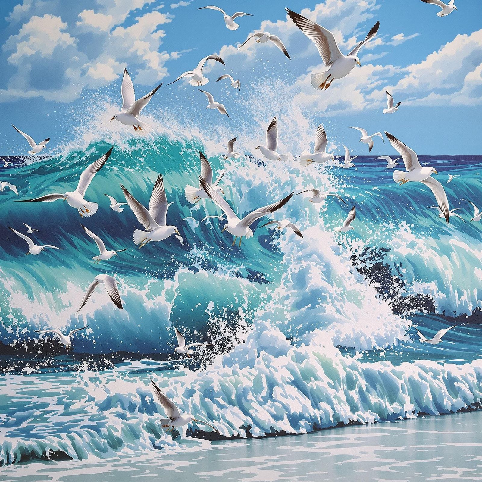 Seagulls Fleeing Tide: A Seaside Mural in Acrylics