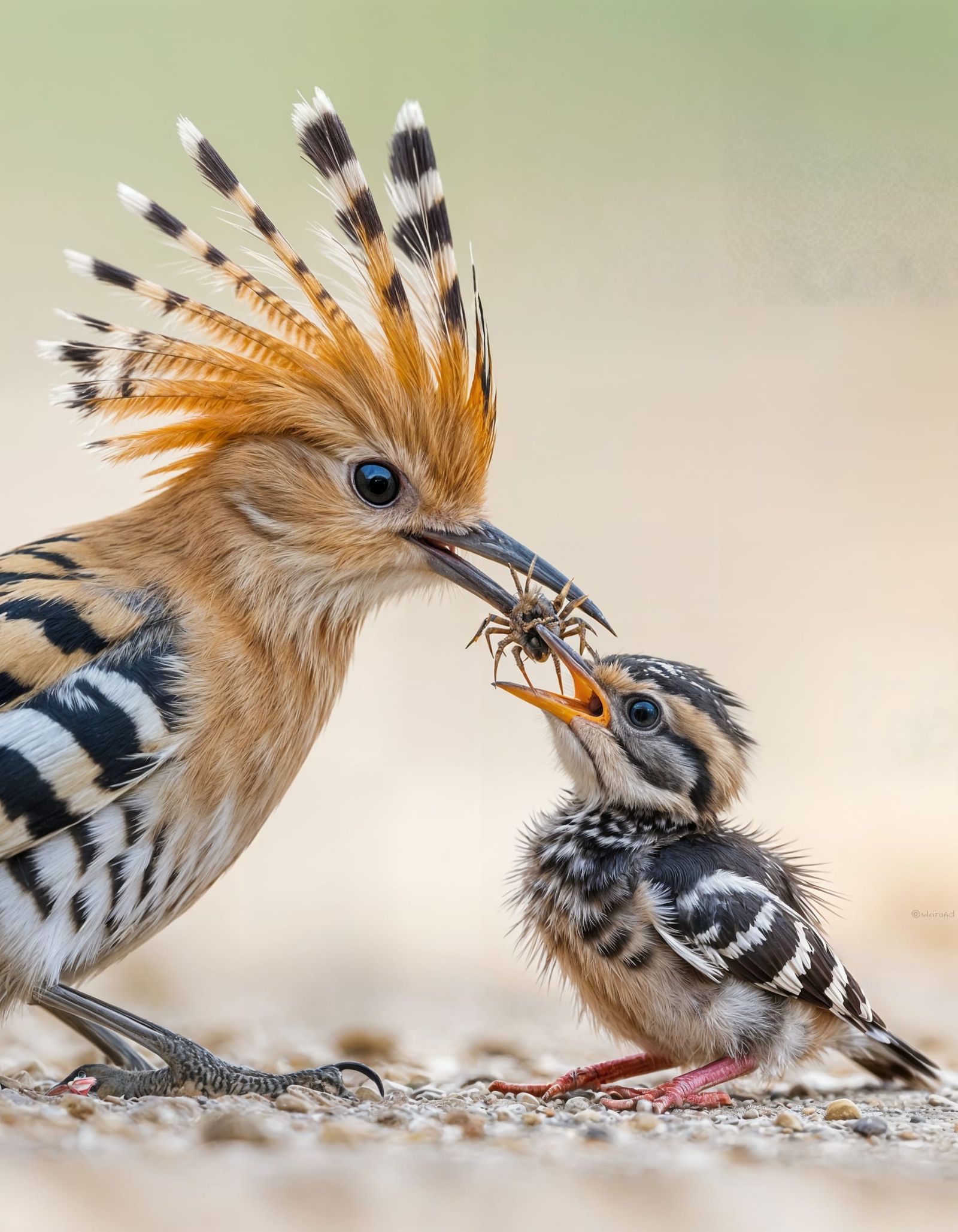 Hoopoe Bird Feeds Chick Spider in Wildlife Photo