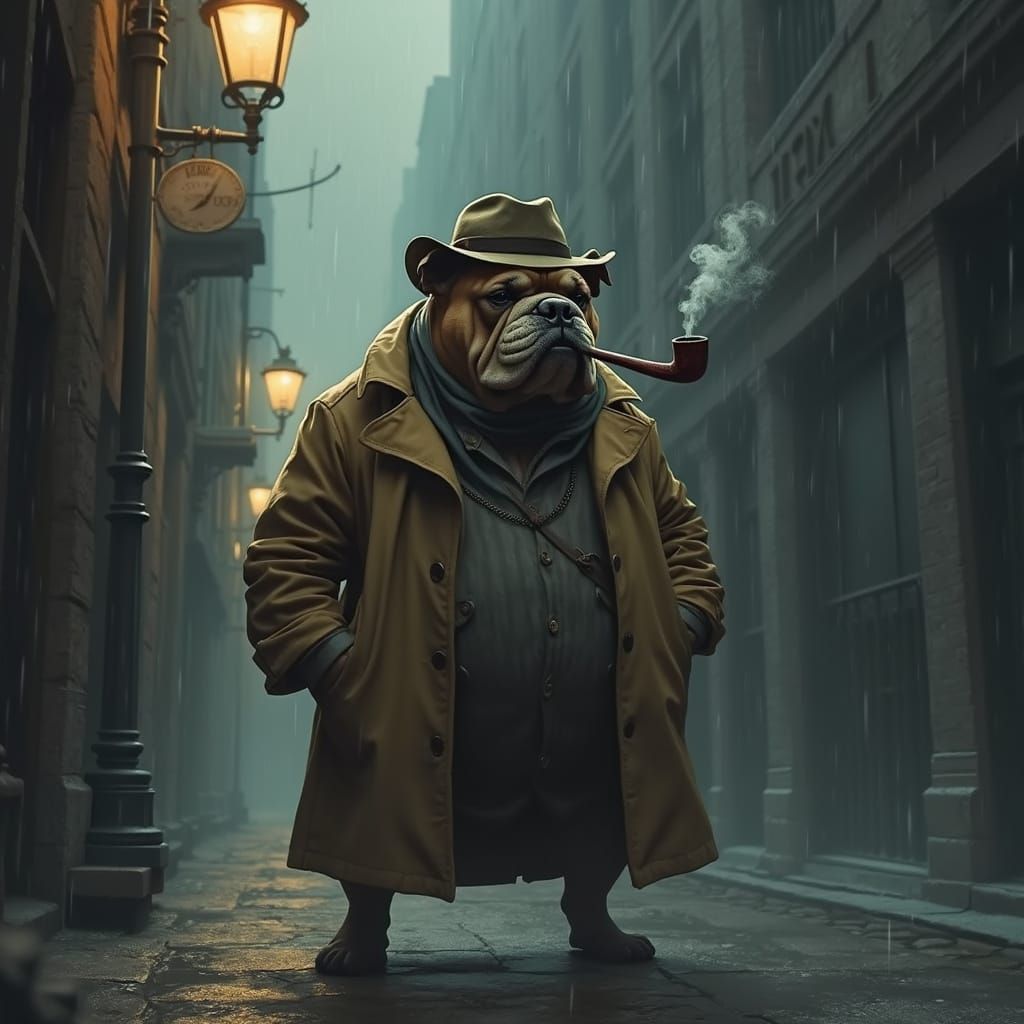 Gritty Bulldog Detective in Rainy City Alleyway