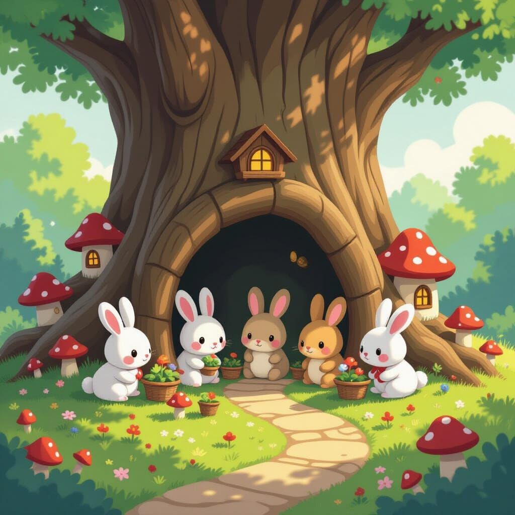 Pompom Bunny Village in a Giant Tree Trunk
