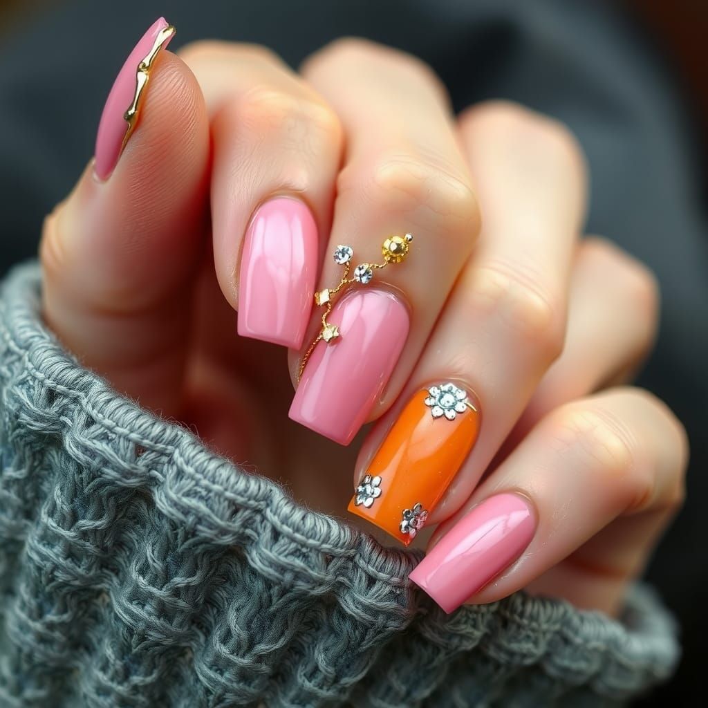 Pink and Orange Nail Art with Gold Details