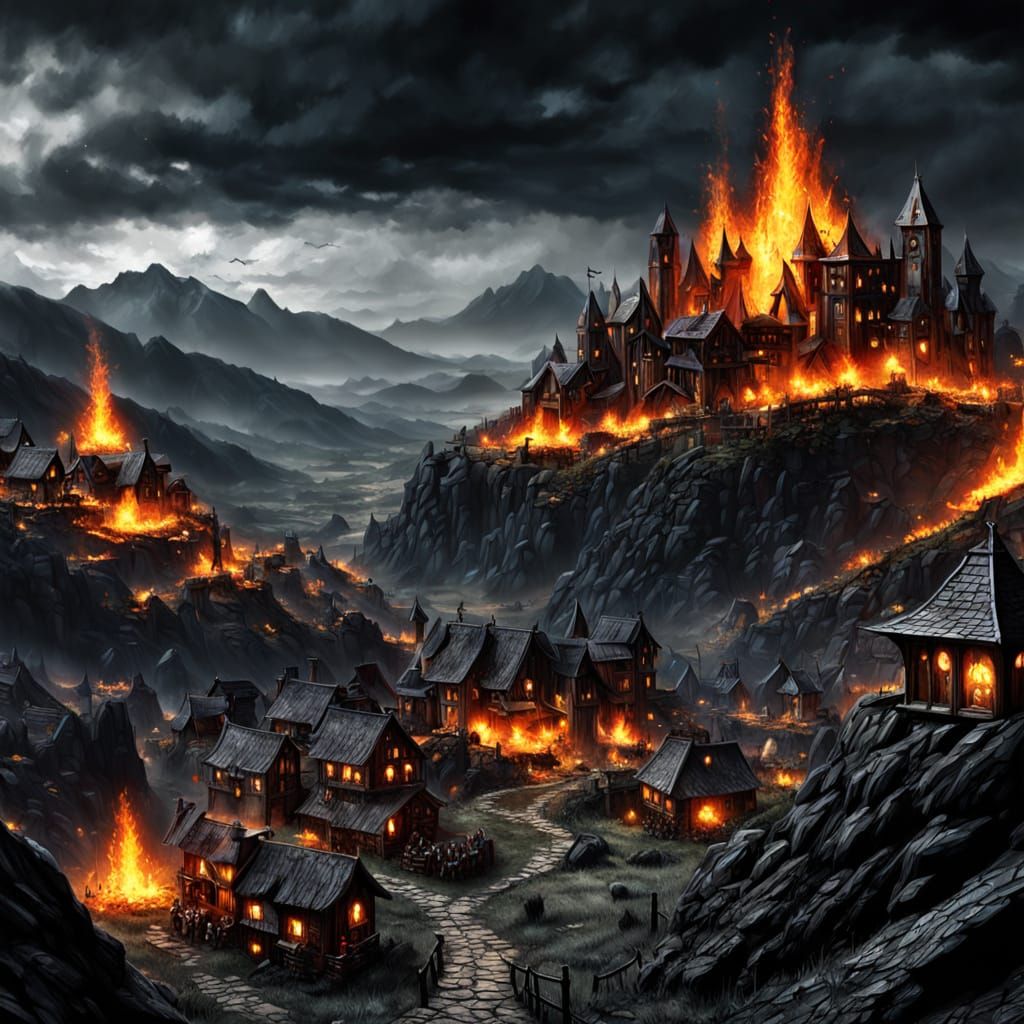 Mountain Village Protected by Dragons: Digital Art