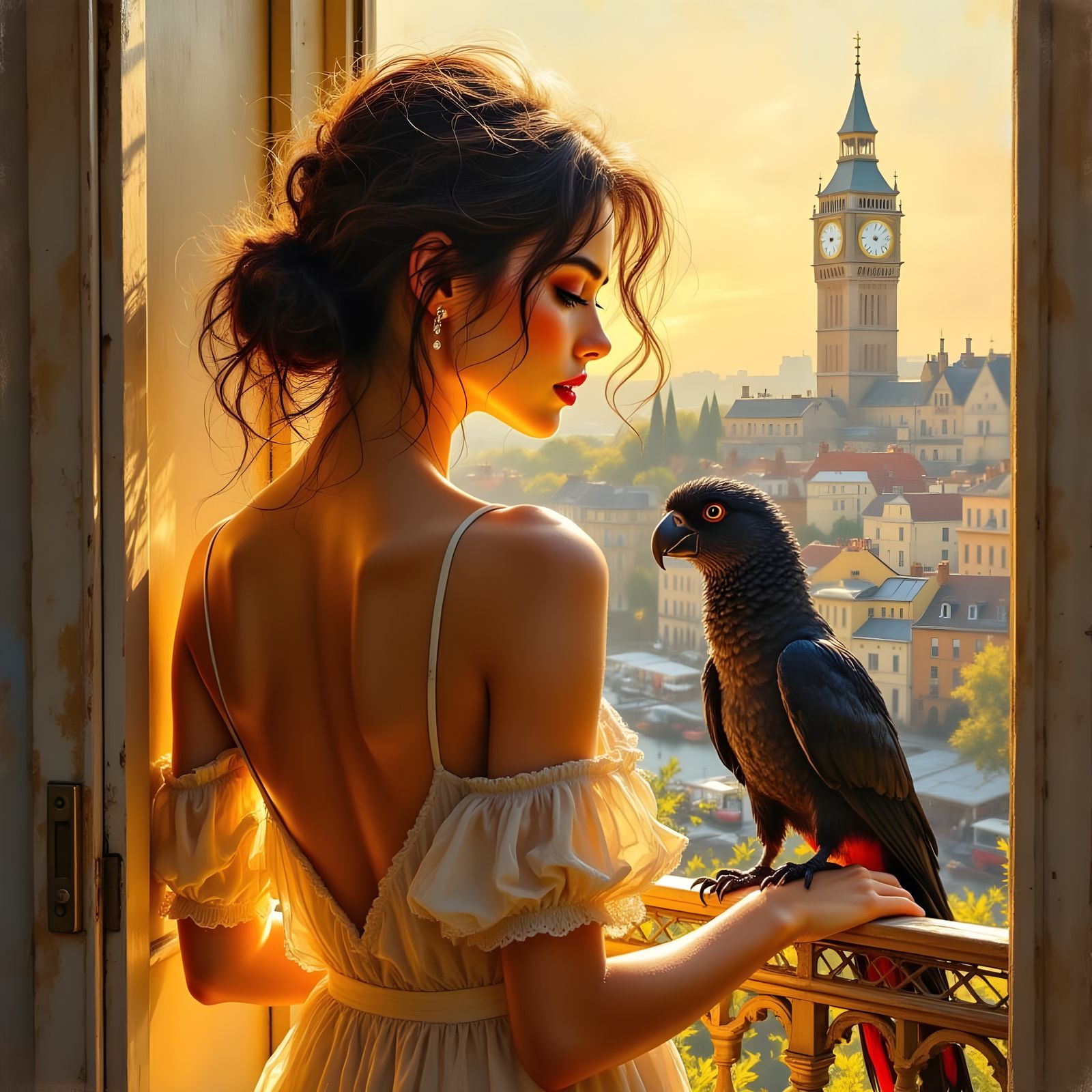 Woman and Cockatoo on French Balcony, Impressionistic Style