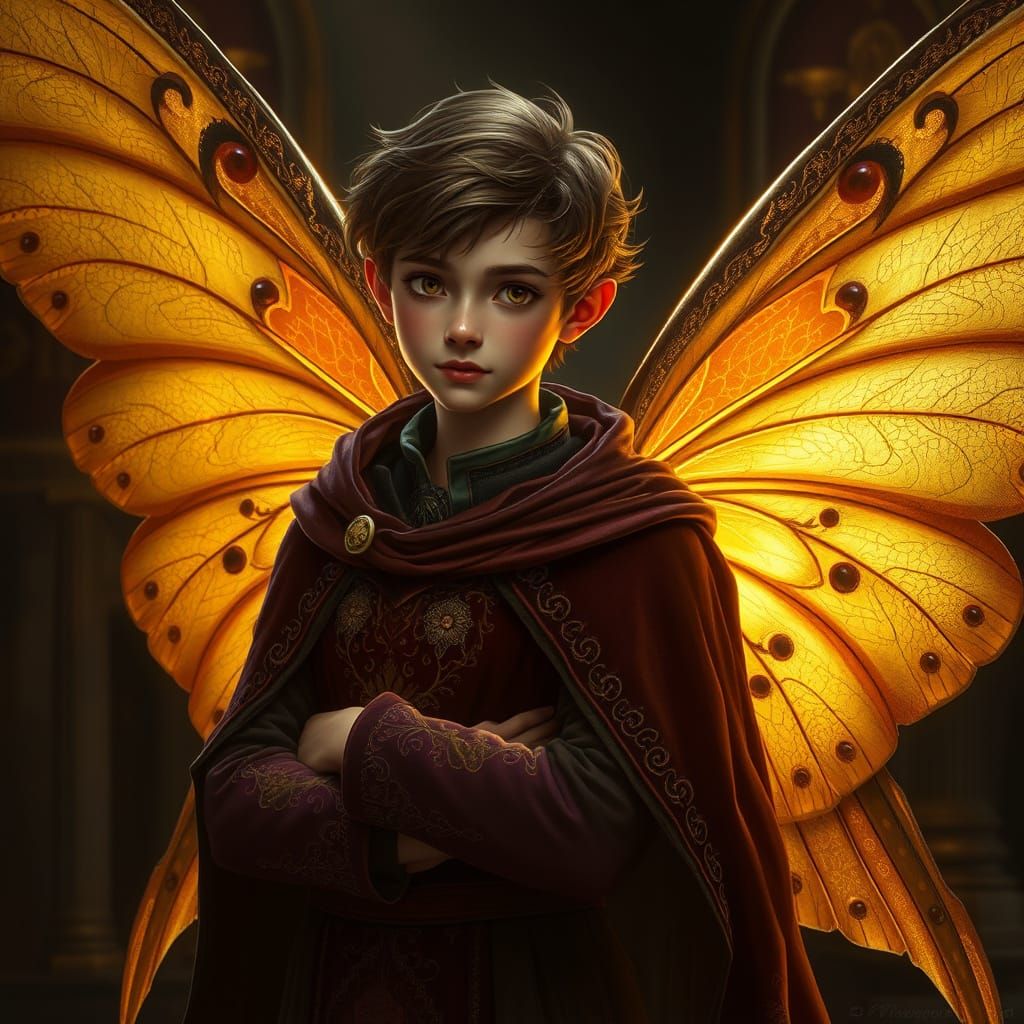 A youthful, scholarly fairy man with kind, thoughtful eyes, dressed in intricately embroidered medieval attire, clad in ...