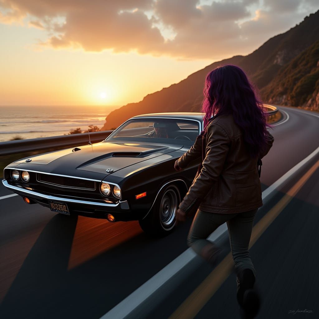 1970 Dodge Challenger Races Coastal Highway at Sunset