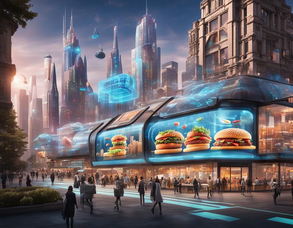 Holographic Food Advertisements in Futuristic Cityscape