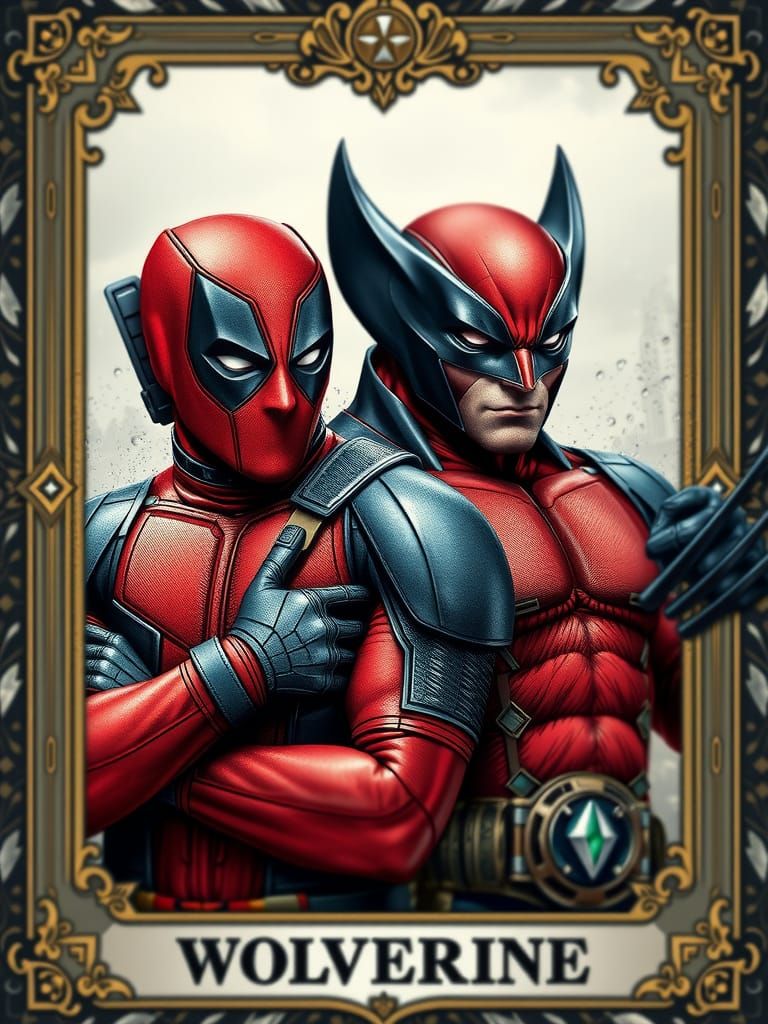 Deadpool and Wolverine Fantasy Tarot Card in 3D Anime Art