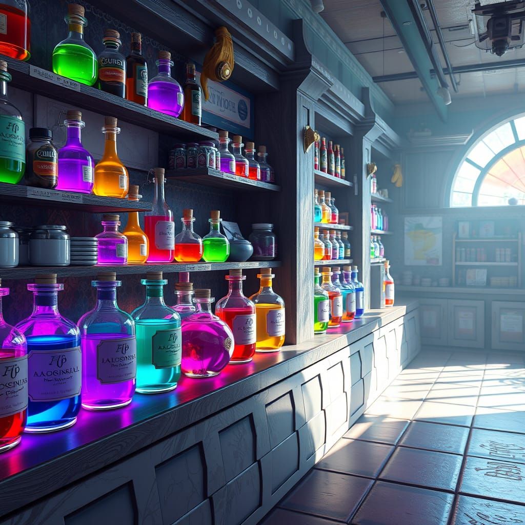 Vibrant Anime Concept Art of Exotic Potions in a Shop