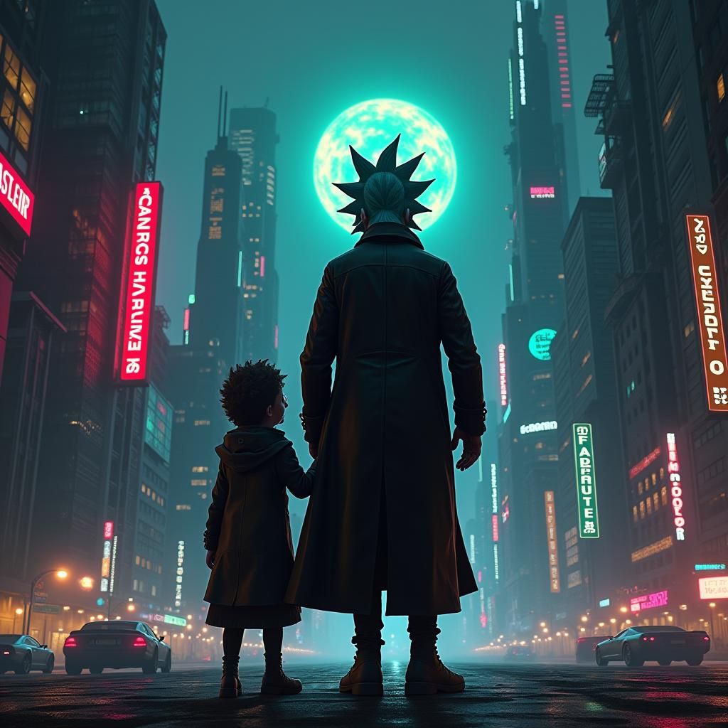 Rick and Morty in Cyberpunk Metropolis