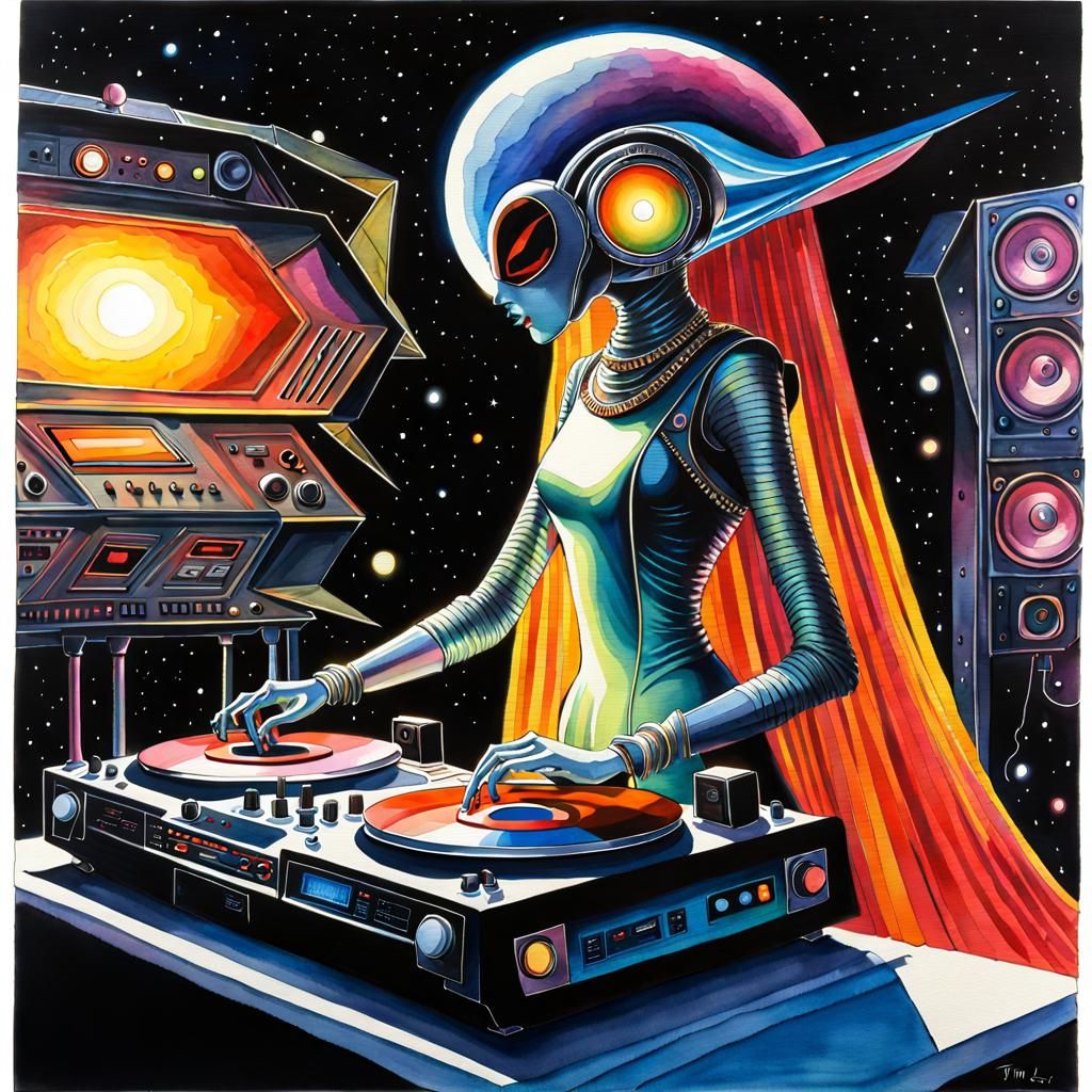Futuristic Alien DJ in Gothic Watercolor Style