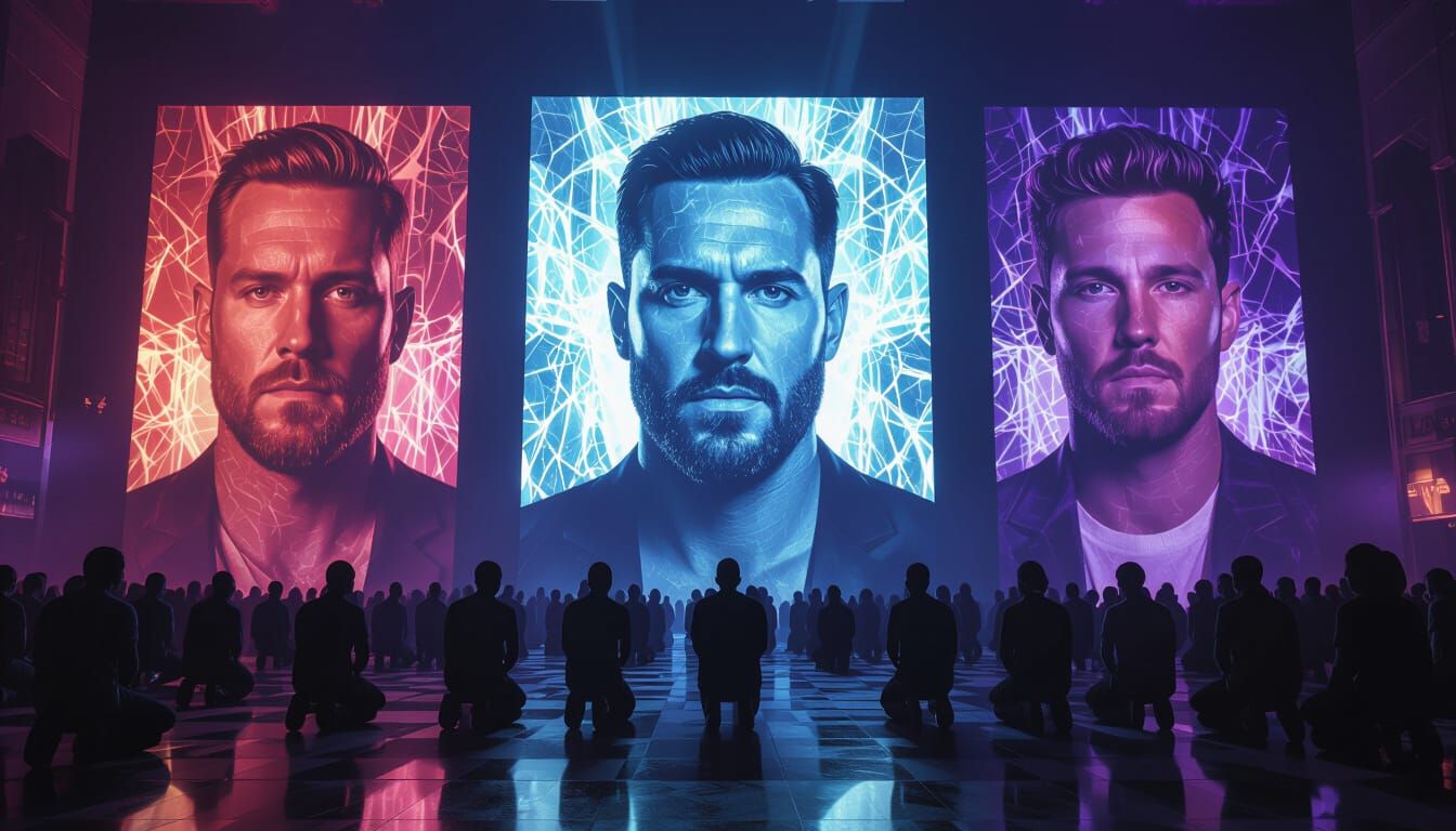 Crowd Kneels Before Digital Screens Showing Influencers