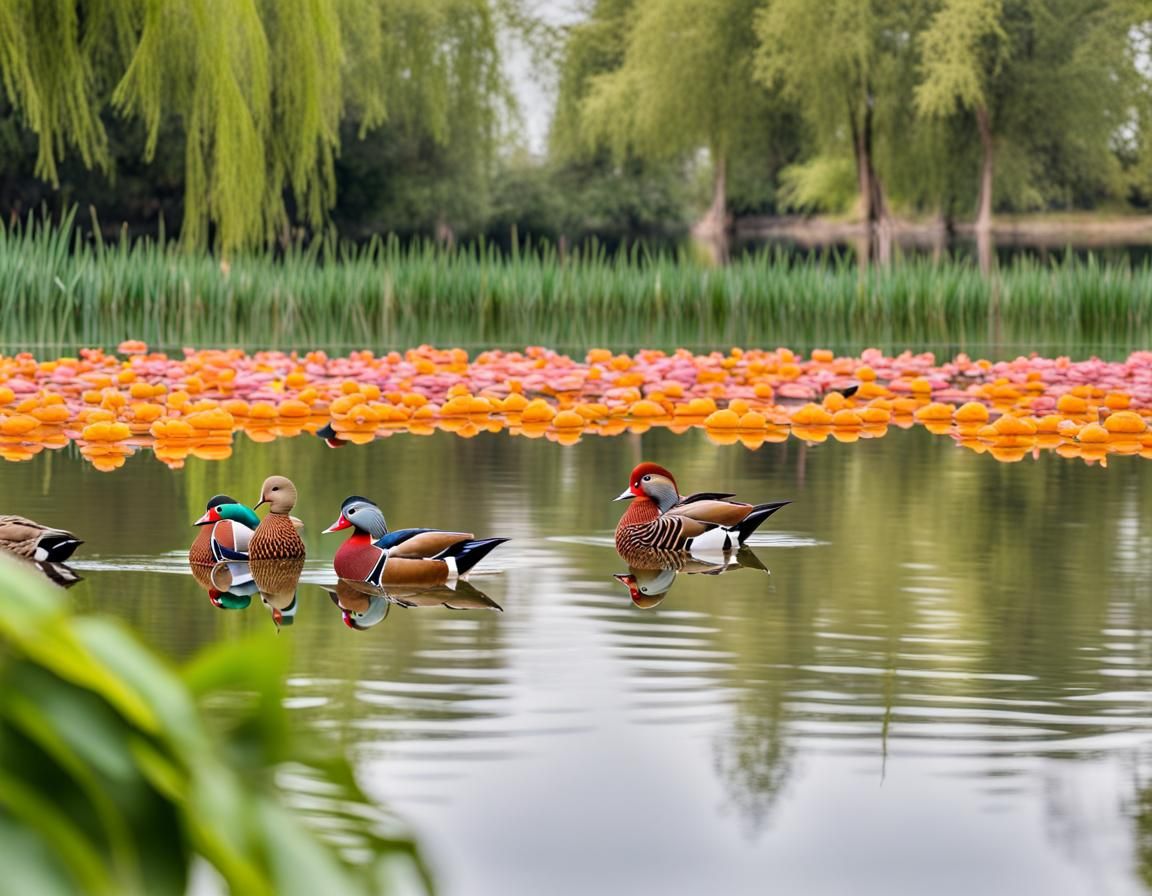 Colorful Mandarin Ducks in Park Pond