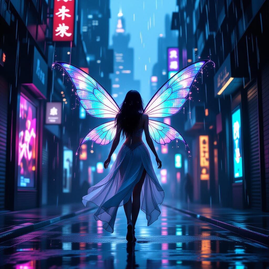 Fairy in Cyberpunk Alley with Holographic Ads