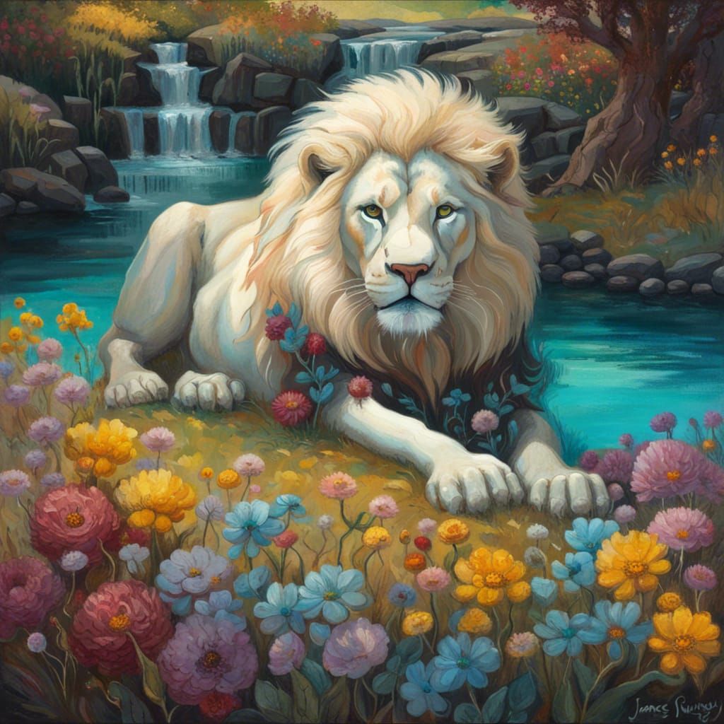 Dark Fantasy Lion in Cottagecore Spring Meadow