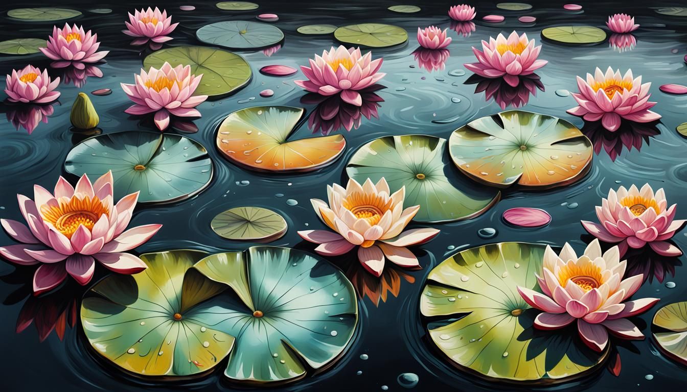 Detailed Oil Painting of Lotuses in Graffiti Style