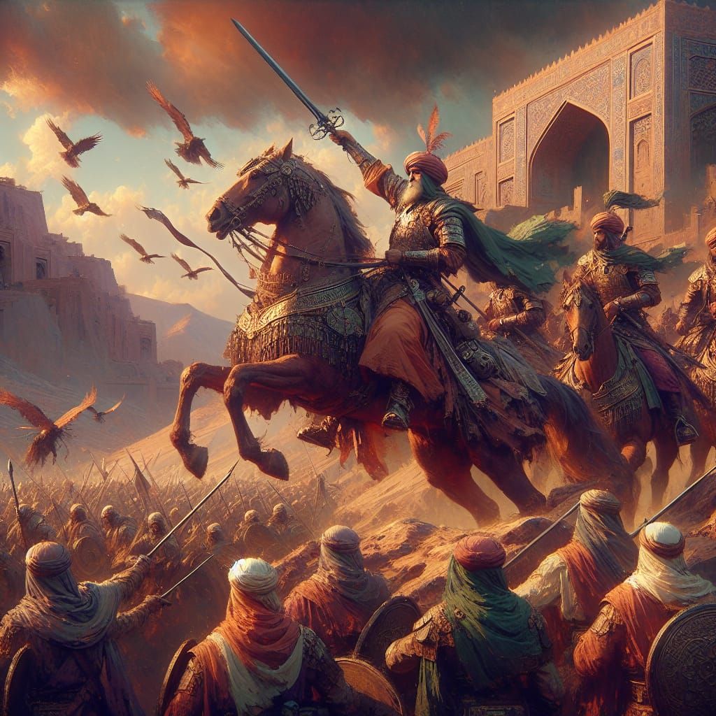 Middle-Eastern Warriors Lead Horseback Desert Battle