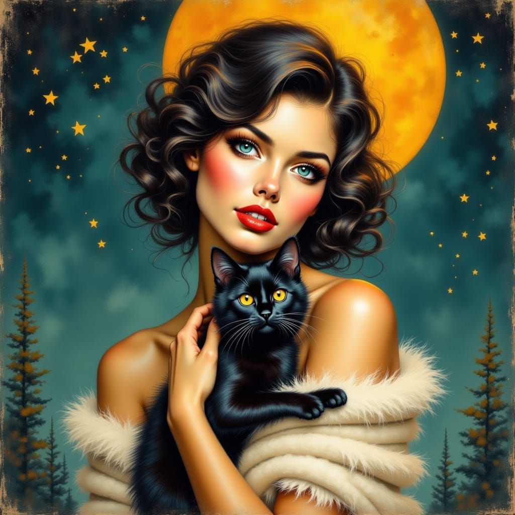 Vintage Pin-Up Woman with Cat in Autumnal Night