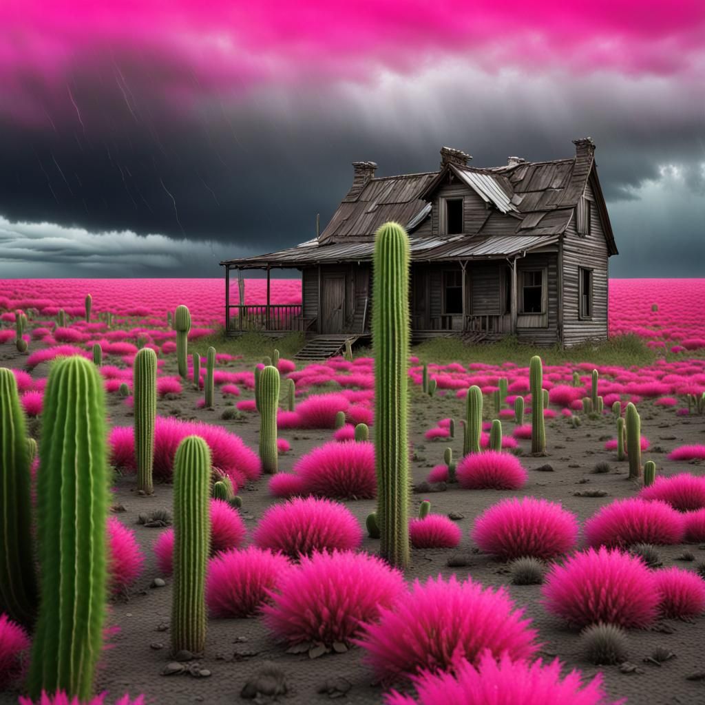Dilapidated Farmhouse with Cactus in Grayscale Field