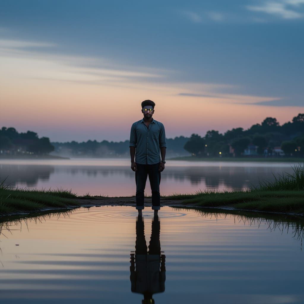 Man's Melancholy Reflection by South Indian Lake at Twilight