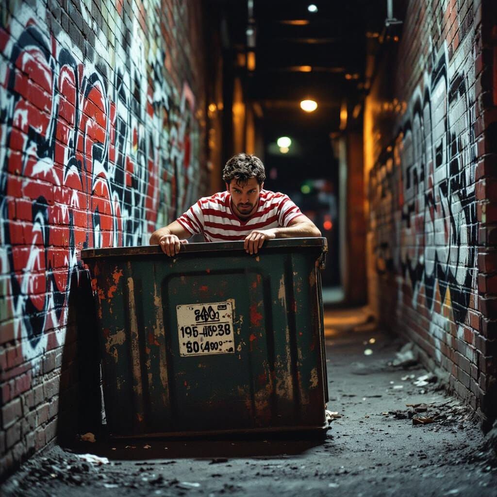 Man Hiding in Dim Alleyway in Striped Shirt