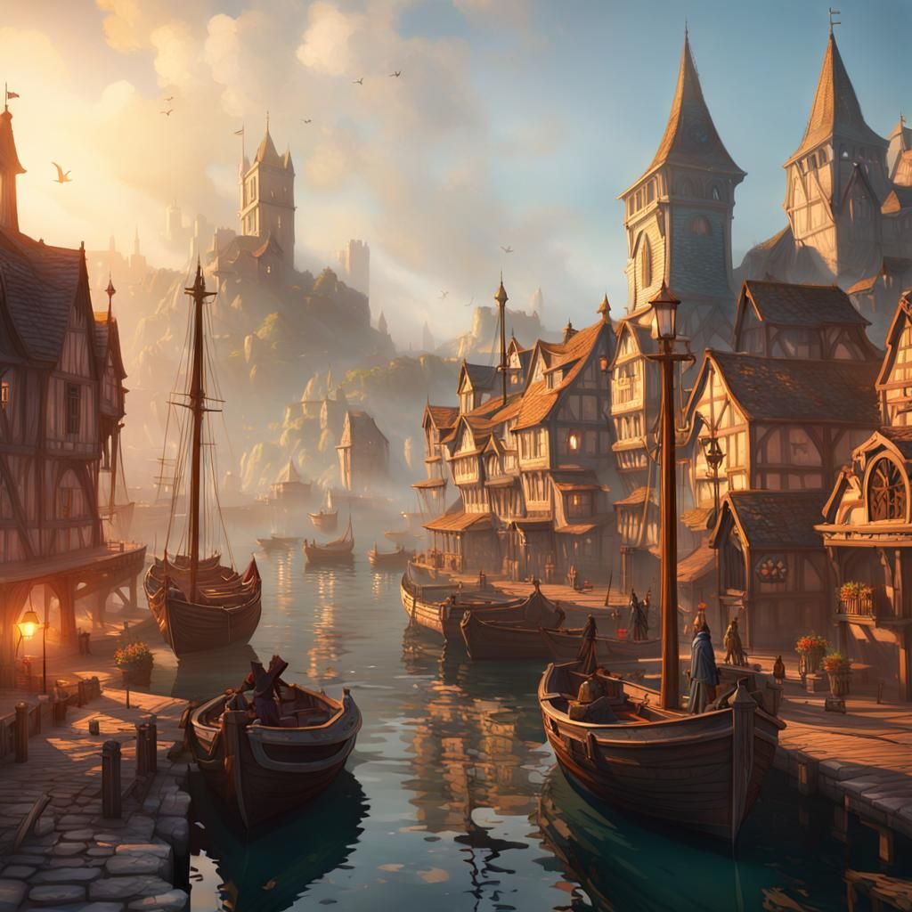 Medieval Fantasy City Harbor with Volumetric Lighting