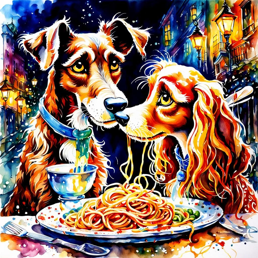Lady and the Tramp Romantic Watercolor Spaghetti Dinner