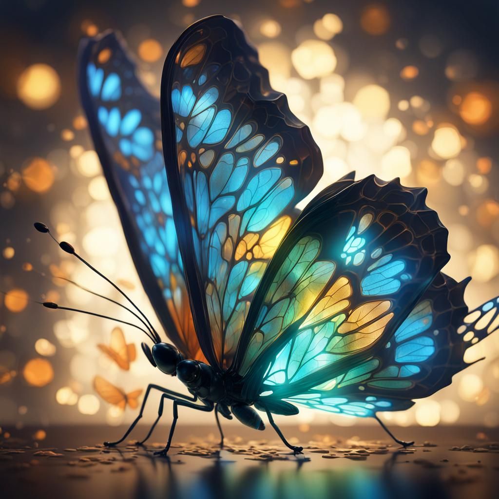 Bioluminescent Glass Butterfly in Cube: Anime Style