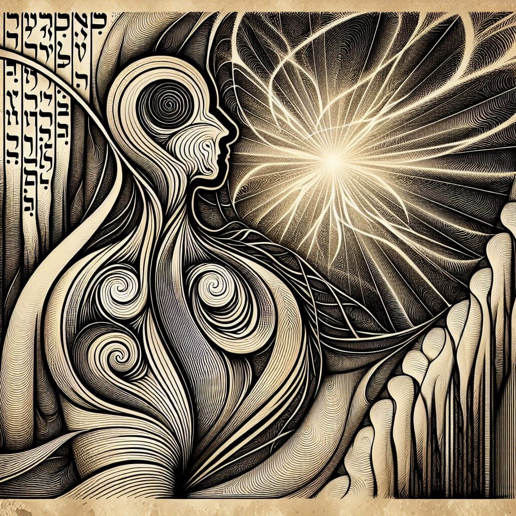 Abstract Figure Blending with Nature and Ancient Script