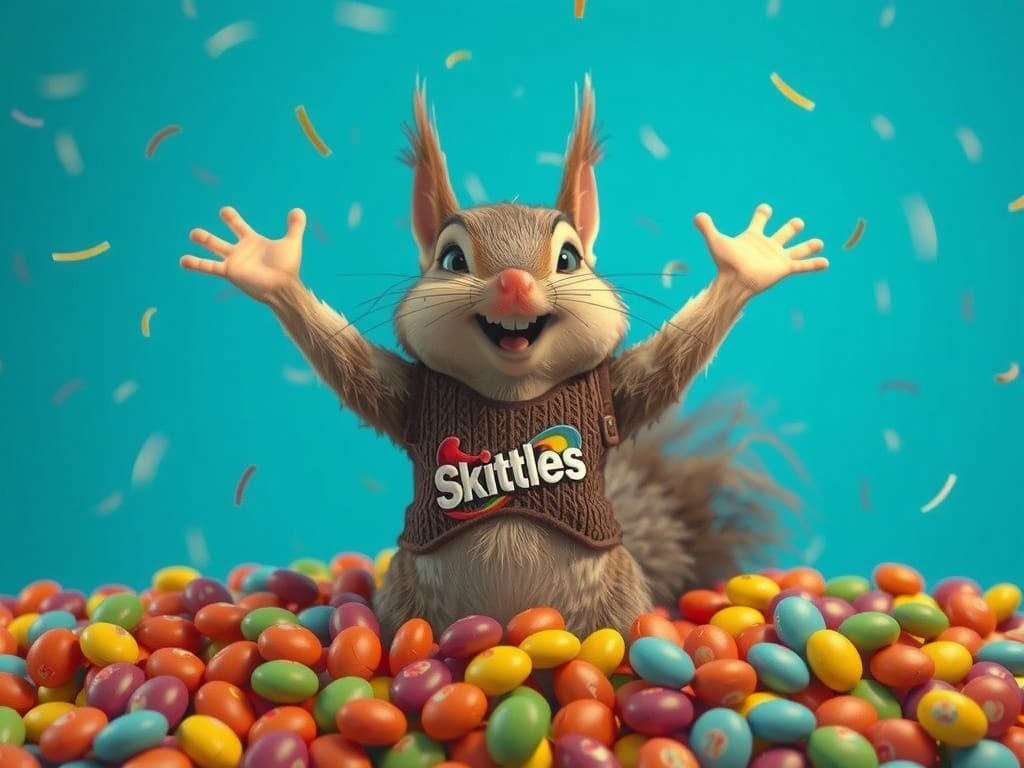 Excited Squirrel in Skittles Pile, Pixar-Style