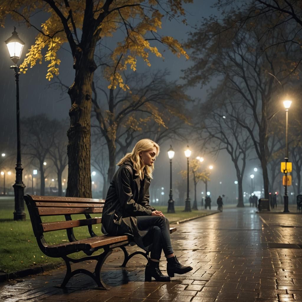 Lonely Woman in Rainy Park Night Scene