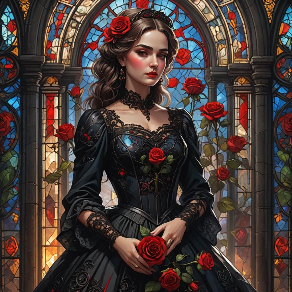 Carmen in Black Lace with Rose, Stained Glass Style