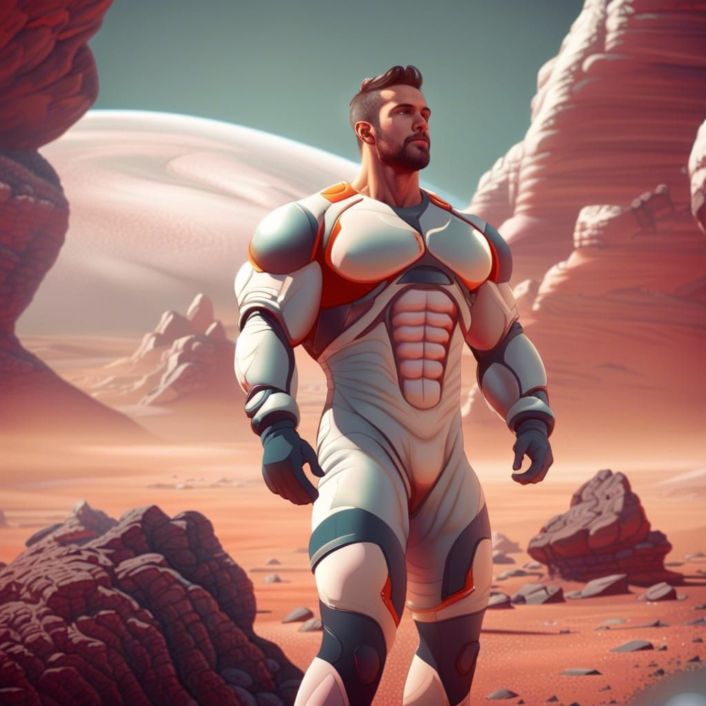 Muscular Space Explorer on Alien Planet