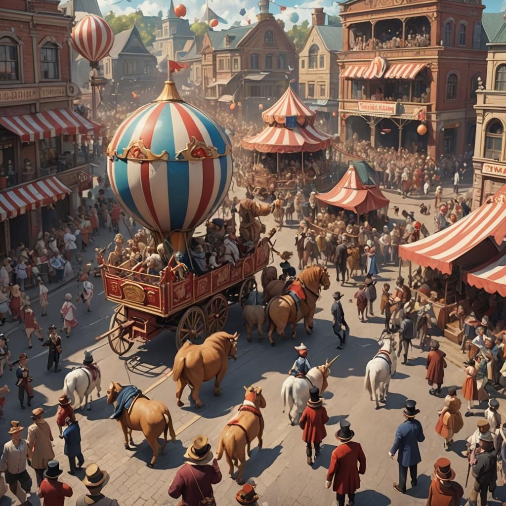 Anime Circus Parade in Small Town, 3D Render