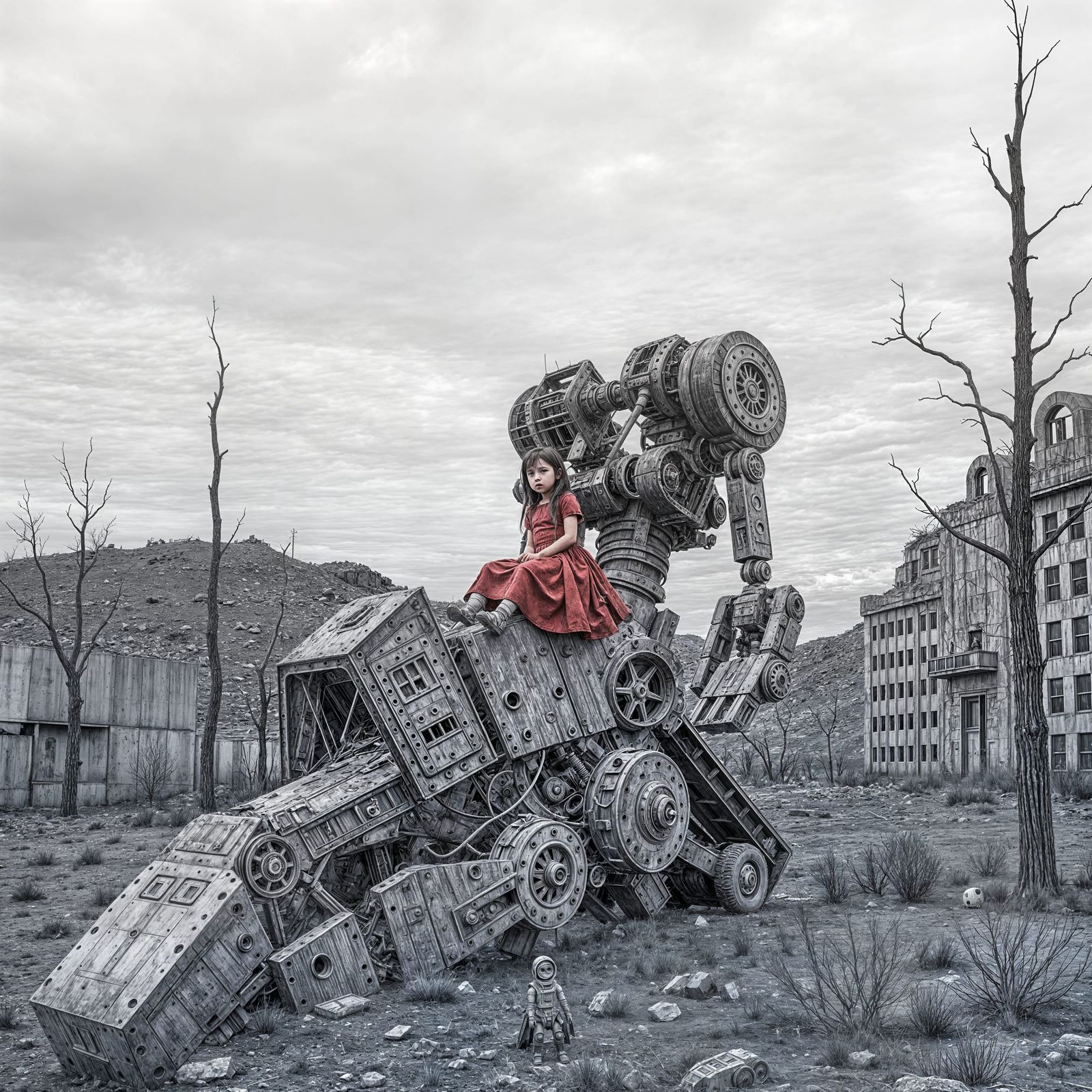 Girl in Red on Giant Robot in Desolate Post-Apocalypse