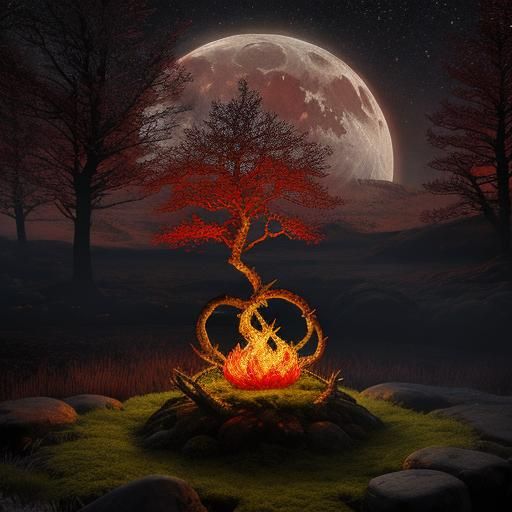 Stunning Celtic bed covered with traditional Celtic carvings. Red moon, fire, flames. moss and ice in the background. Be...