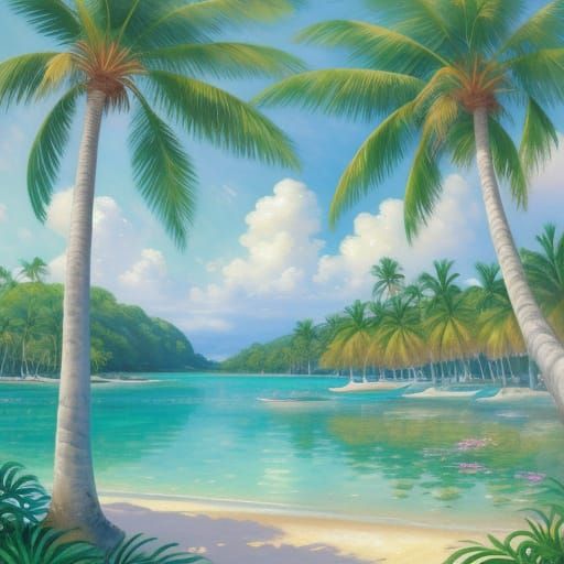 Tropical Island Oasis in Soft Impressionist Watercolor