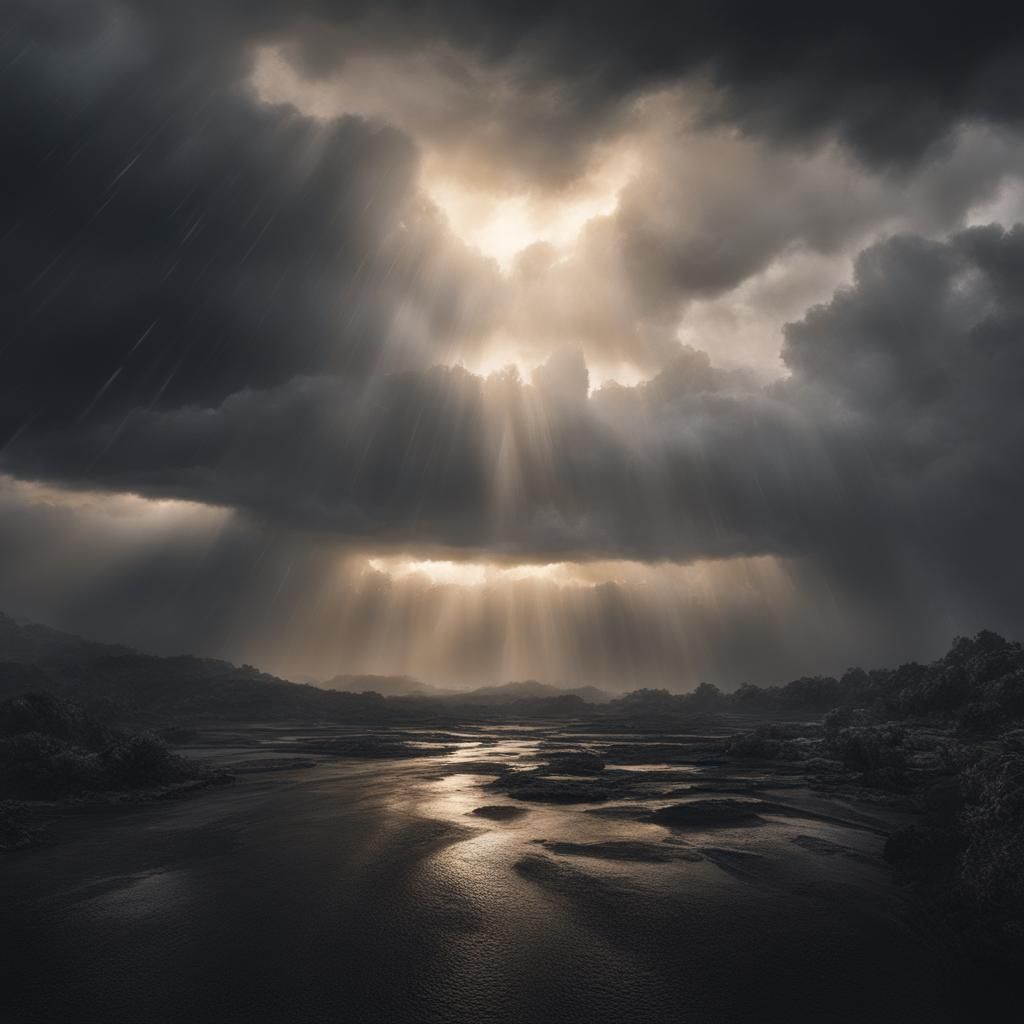 Ominous Dawn Landscape with God Rays