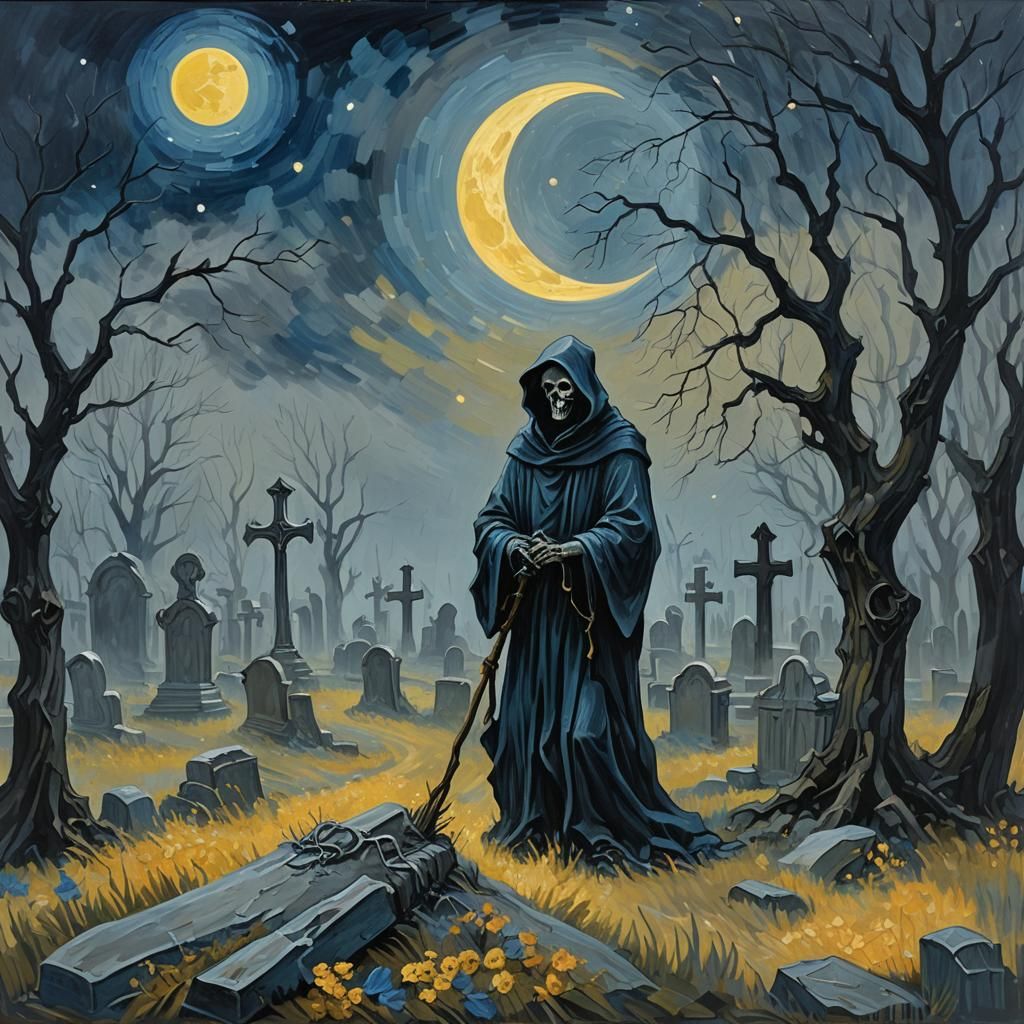 Grim Reaper in Graveyard: Impressionist Gouache Painting
