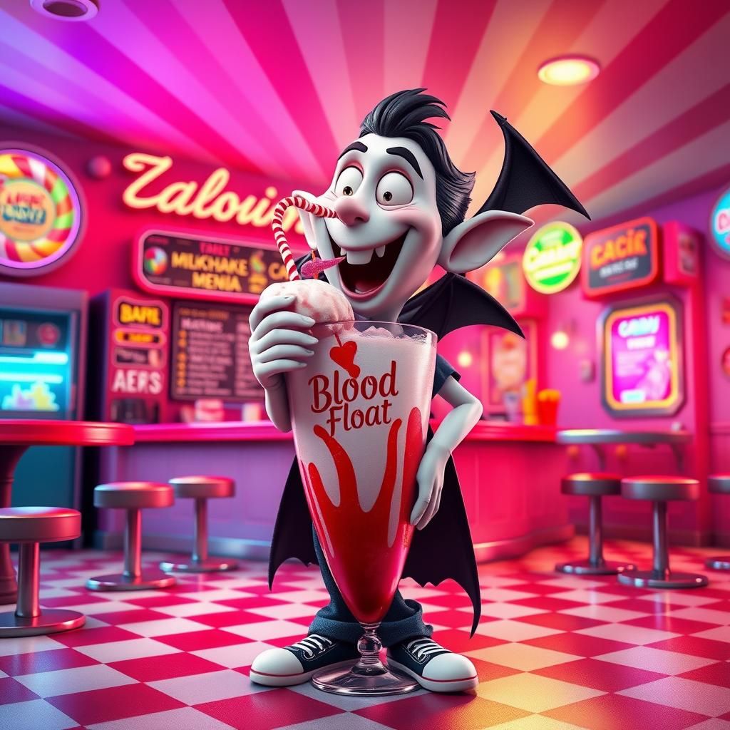Vampire's Whimsical Blood Float in Pixar Style