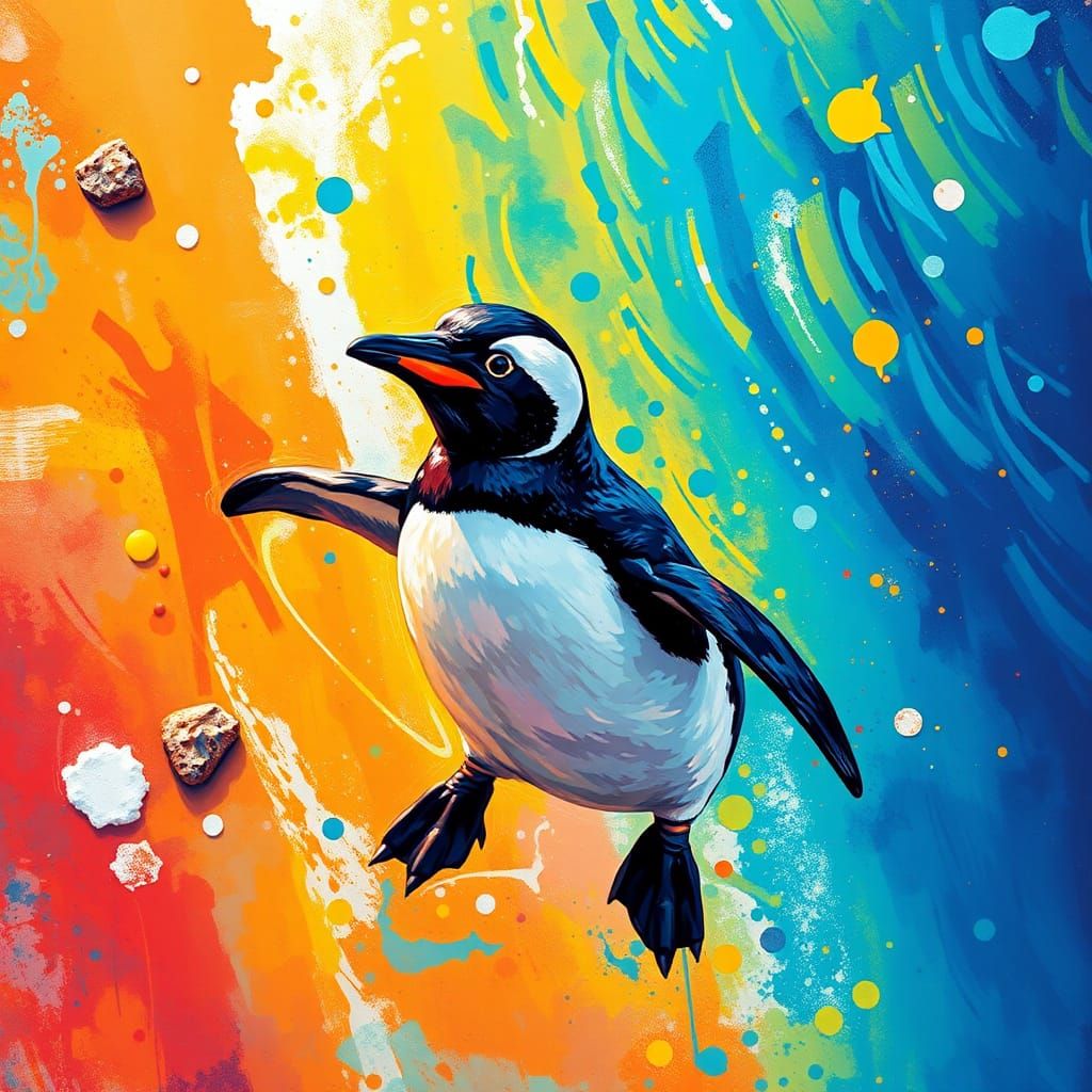 Penguin in Colorful Ocean: Graffiti Splash Art