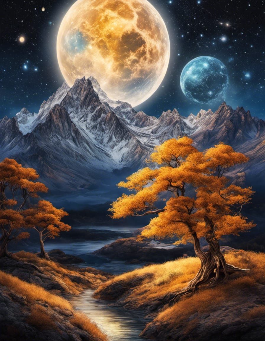 Intricate Moonlit Sky with Galactic Landscape