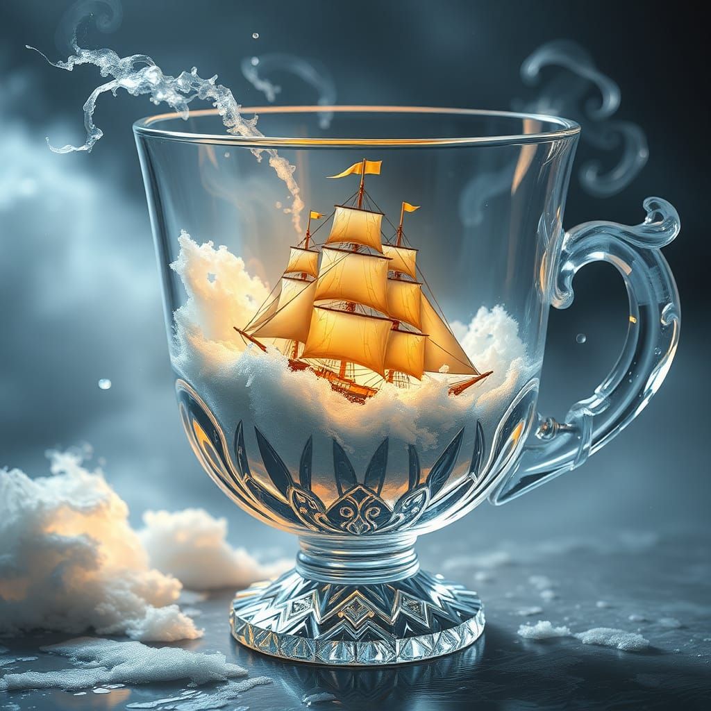 Crystal Cup with Ship Amidst Raging Waves