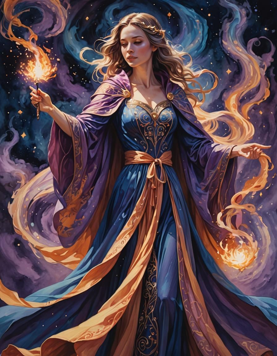 Beautiful Mage Casting Fire Spell in Gouache Style