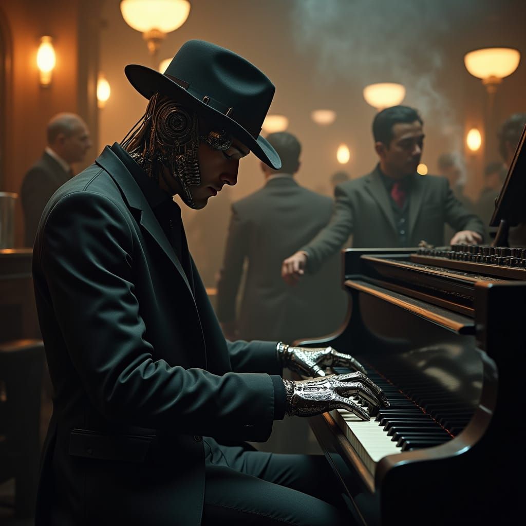 Cyborg Jazz Musician Plays Piano in Cyberpunk Speakeasy