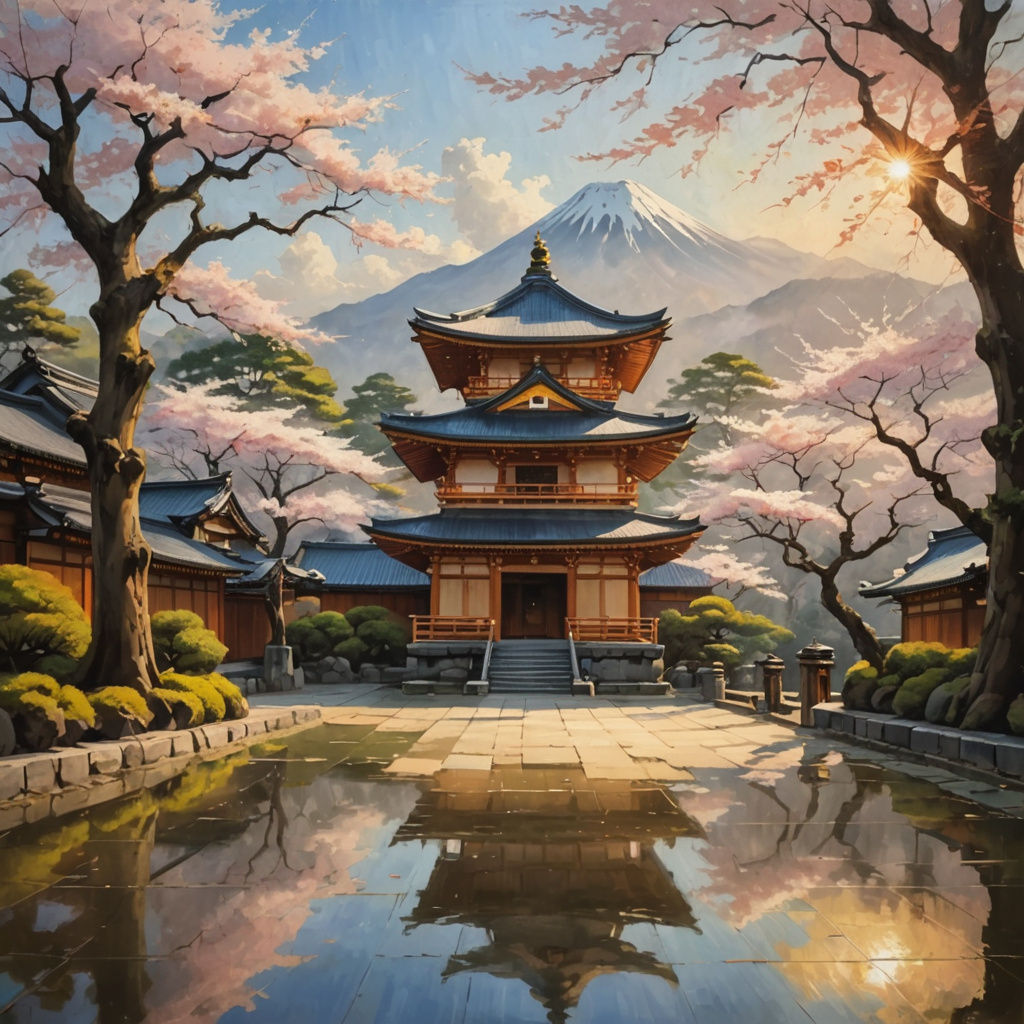 Ethereal Japanese Temple: Impasto Oil Painting