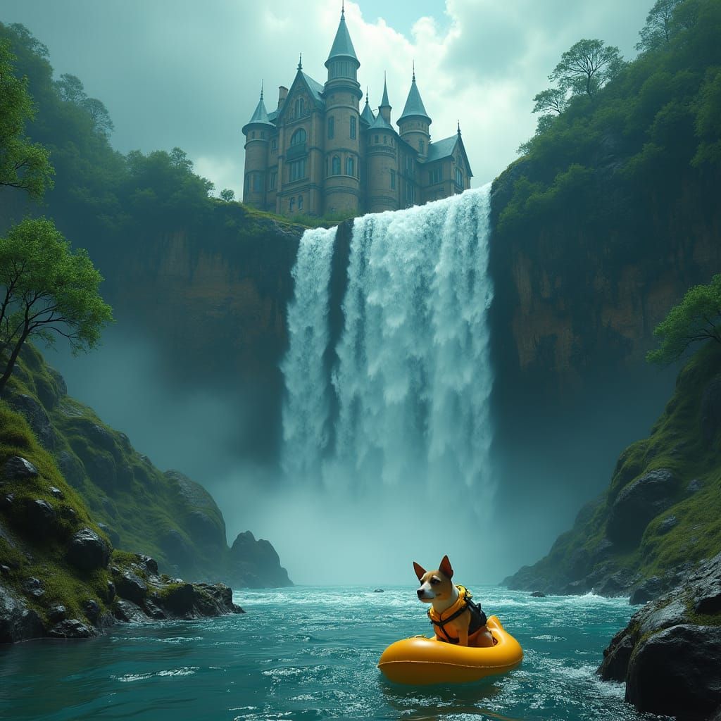 Dog in Rubber Duck Raft at Waterfall